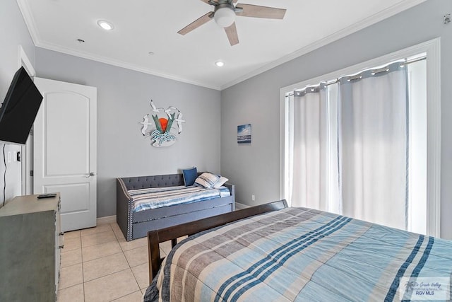 131 E Saturn Ln, South Padre Island, TX 78597 - bedroom featuring light tile patterned floors, recessed lighting, ornamental molding, and ceiling fan