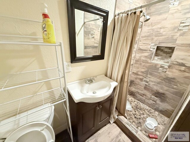 bathroom with a shower with curtain and vanity