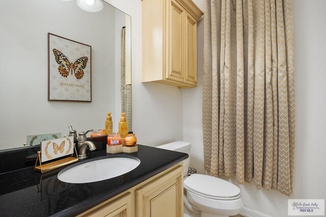 bathroom with vanity, a shower with shower curtain, and toilet