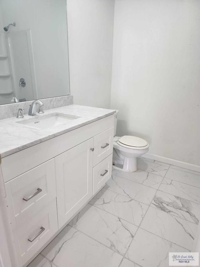 full bath with a shower, vanity, toilet, baseboards, and marble finish floor