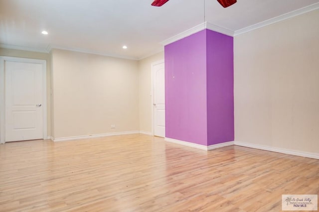 unfurnished room with light wood-type flooring, ceiling fan, and crown molding