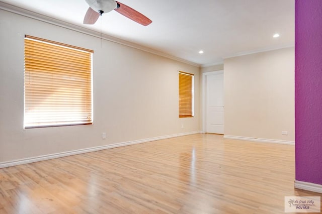 unfurnished room with light wood-type flooring, ceiling fan, and crown molding