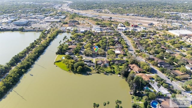 bird's eye view with a water view