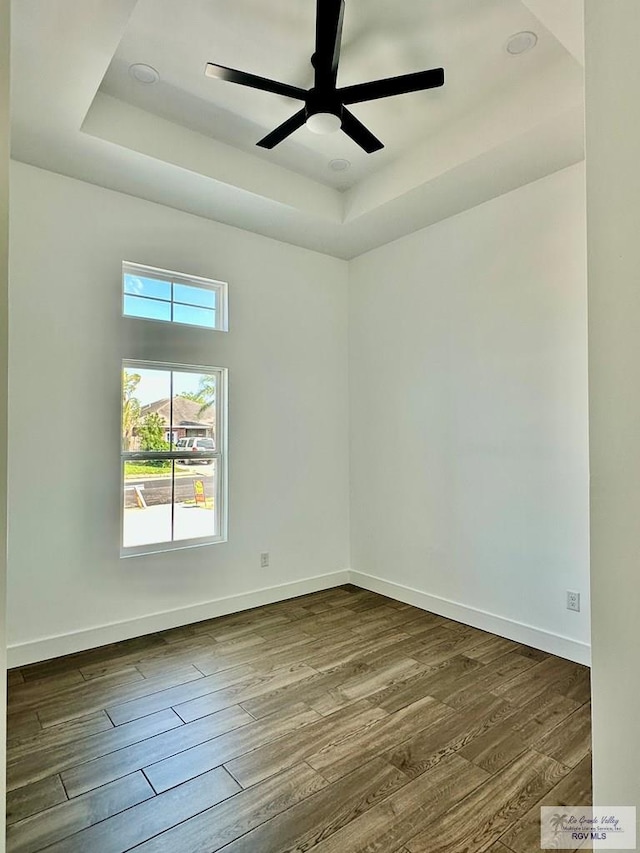 spare room with baseboards, dark wood-type flooring, and a raised ceiling