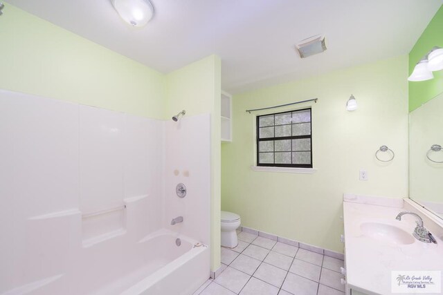 full bathroom with visible vents, toilet, vanity, shower / tub combination, and tile patterned floors