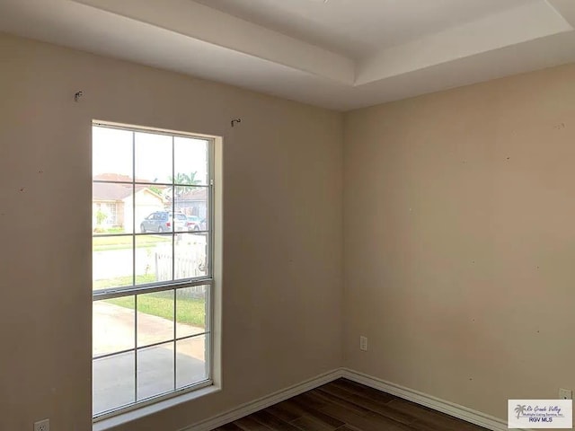 spare room with a tray ceiling, dark wood-style floors, baseboards, and a healthy amount of sunlight