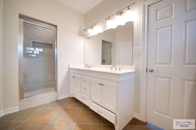 bathroom featuring vanity, tile patterned floors, and walk in shower