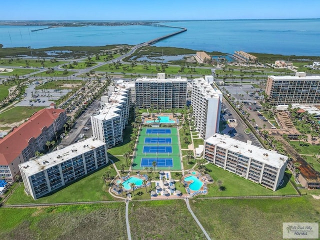 aerial view featuring a water view