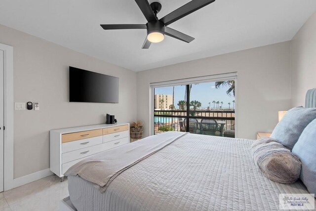 bedroom featuring access to exterior and ceiling fan