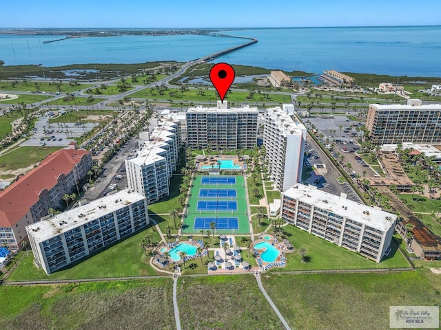 birds eye view of property featuring a water view