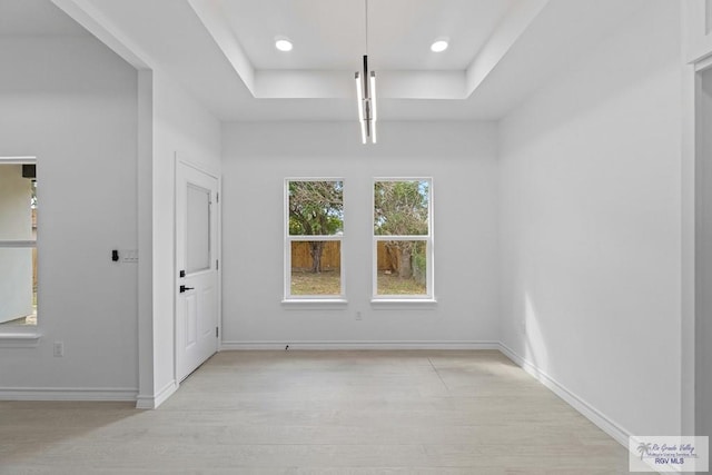 empty room featuring a raised ceiling and light hardwood / wood-style floors