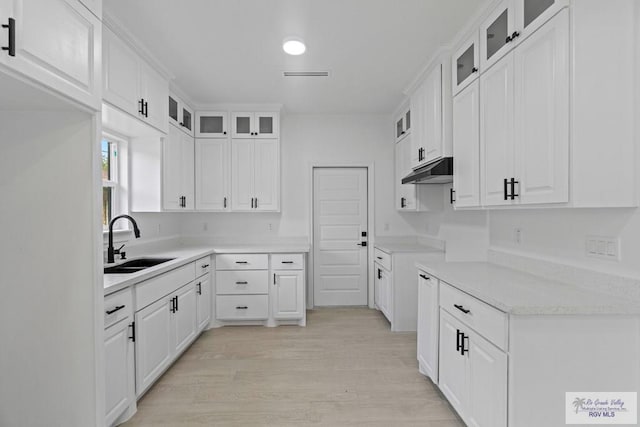 kitchen with white cabinetry, sink, and light wood-type flooring