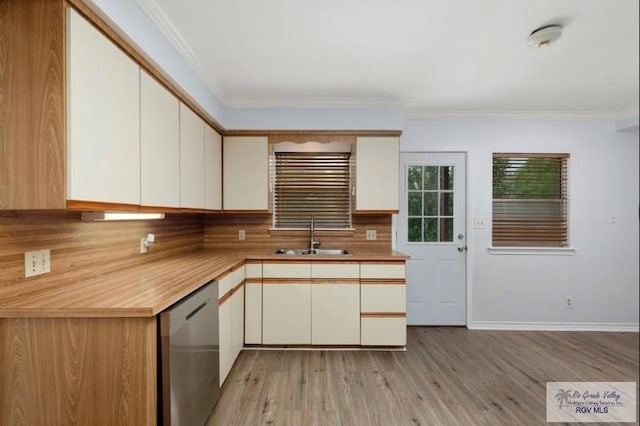 501 Ratliff St, San Benito, TX 78586 - kitchen with dishwasher, decorative backsplash, light countertops, light wood finished floors, and white cabinets