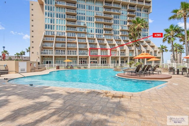 view of swimming pool featuring a patio area