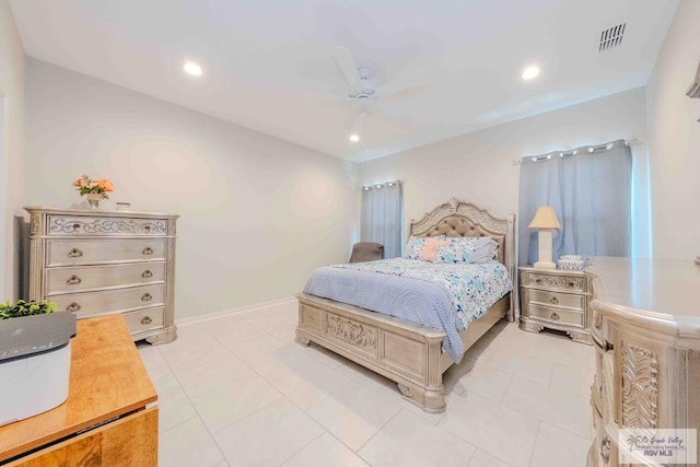 bedroom featuring light tile patterned floors, a ceiling fan, and recessed lighting