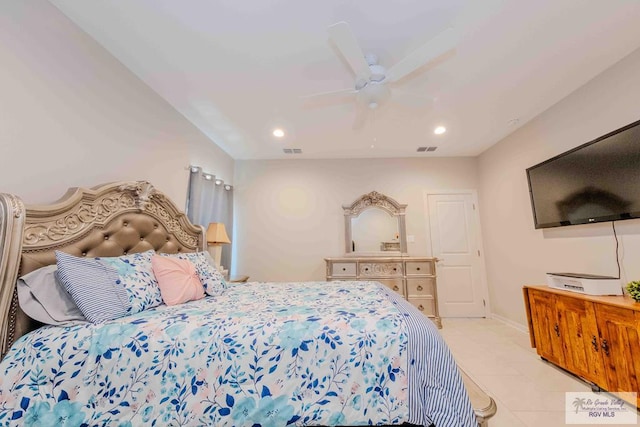 bedroom with light tile patterned floors, visible vents, and recessed lighting