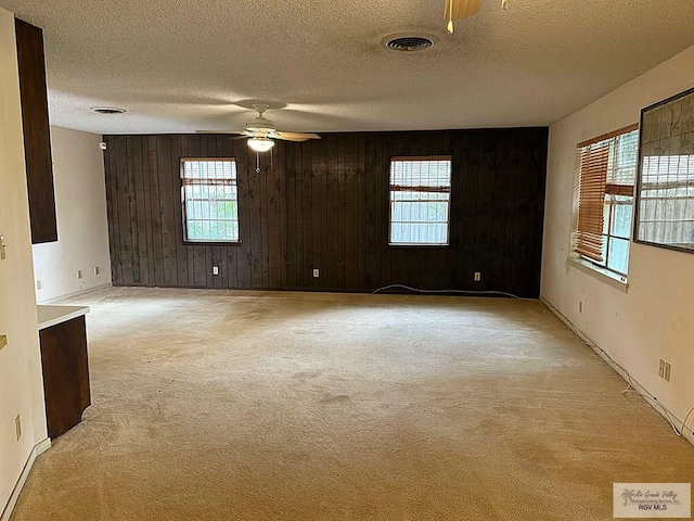 38 Palmetto Cir, Brownsville, TX 78521 - unfurnished room with light colored carpet, wooden walls, plenty of natural light, a ceiling fan, and a textured ceiling
