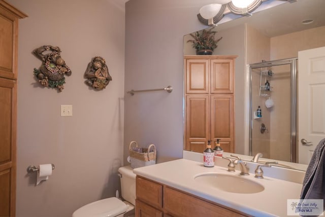 bathroom featuring toilet, a stall shower, and vanity