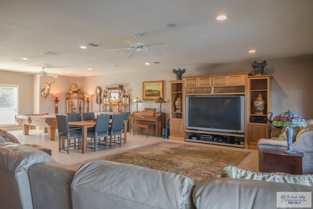 living room featuring recessed lighting, visible vents, and ceiling fan