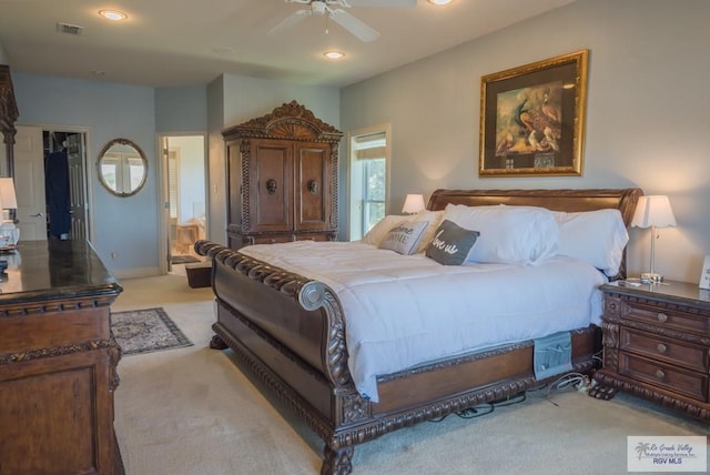 bedroom with recessed lighting, light colored carpet, visible vents, ceiling fan, and baseboards