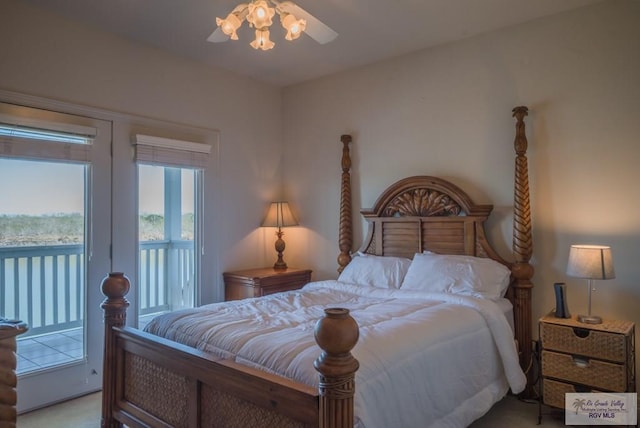 bedroom featuring access to exterior, ceiling fan, and light colored carpet