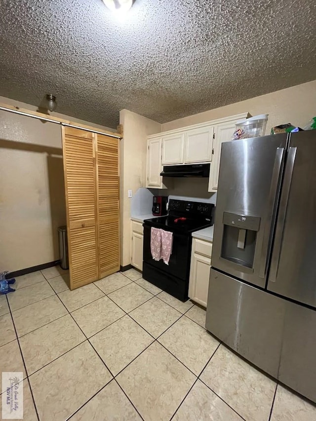 kitchen with stainless steel refrigerator with ice dispenser, light tile patterned flooring, white cabinetry, a textured ceiling, and black / electric stove