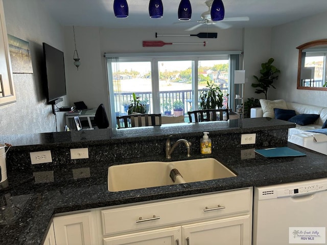 kitchen with white dishwasher, plenty of natural light, and white cabinetry