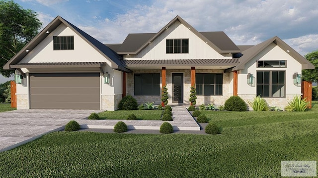 2625 Marky St, Harlingen, TX 78552 - modern farmhouse with stone siding, a front yard, driveway, a porch, and a metal roof
