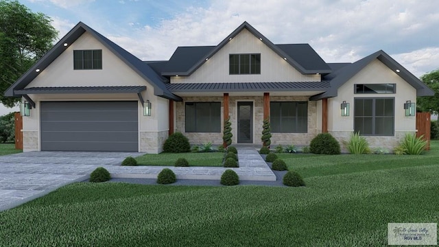 2625 Marky St, Harlingen, TX 78552 - modern inspired farmhouse featuring stone siding, a front lawn, concrete driveway, and covered porch