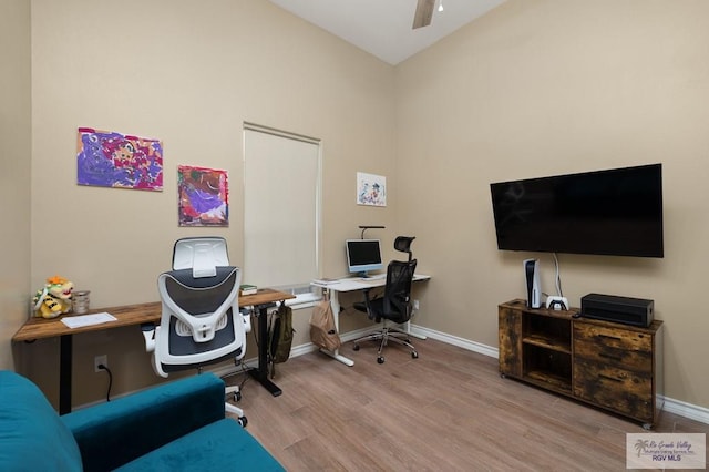 16620 W Duff Ct, Harlingen, TX 78552 - office featuring wood finished floors, ceiling fan, and lofted ceiling