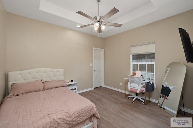 16620 W Duff Ct, Harlingen, TX 78552 - bedroom featuring wood finished floors, a raised ceiling, and ceiling fan
