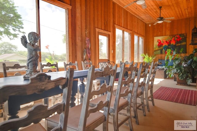 dining space featuring ceiling fan, wood ceiling, and wood walls