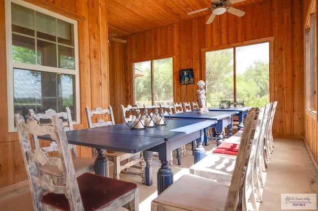 dining room with wooden ceiling, ceiling fan, a healthy amount of sunlight, and wood walls