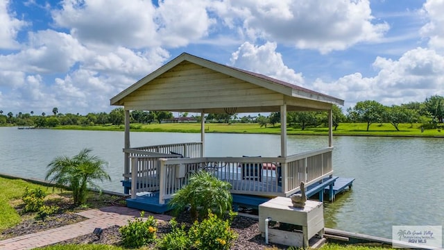 dock area with a deck with water view