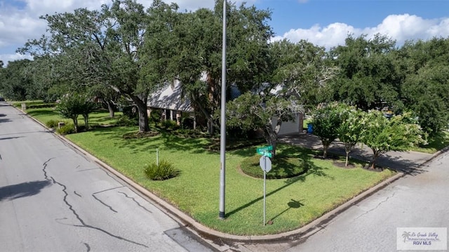609 E Palm Valley Dr Unit 15, Harlingen, TX 78552 - obstructed view of property with a front lawn, view of wooded area, and a garage