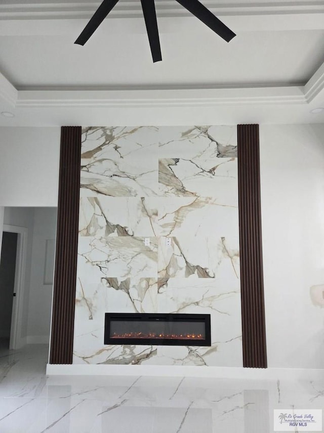 115 Finch Dr, Los Fresnos, TX 78566 - detailed view of a premium fireplace, a tray ceiling, and ceiling fan