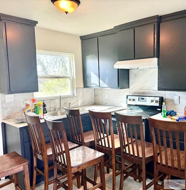 kitchen featuring decorative backsplash, stove, and sink