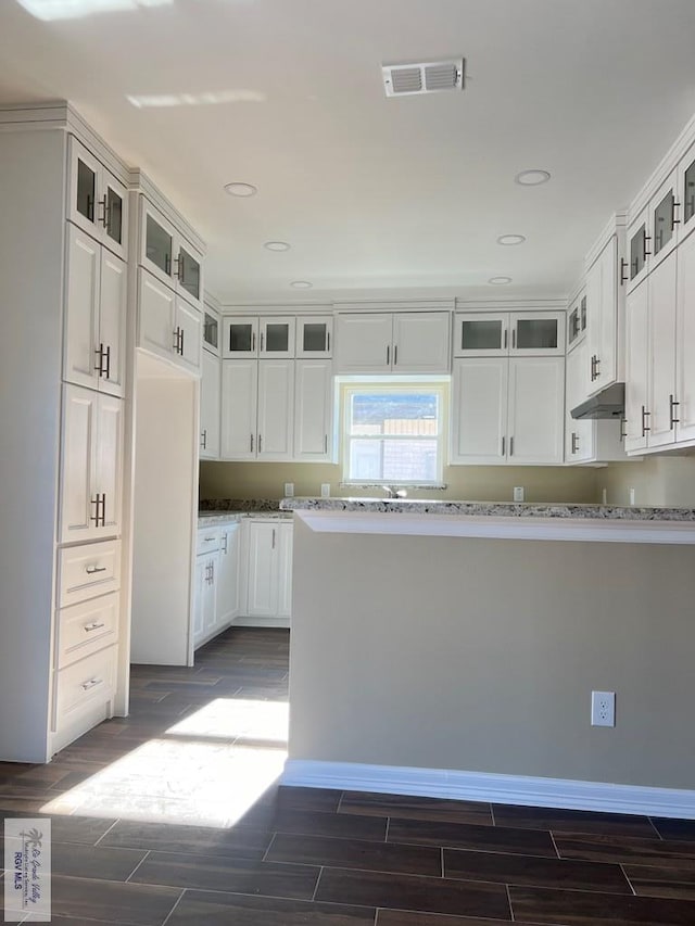 kitchen featuring light stone countertops, dark hardwood / wood-style floors, and white cabinetry