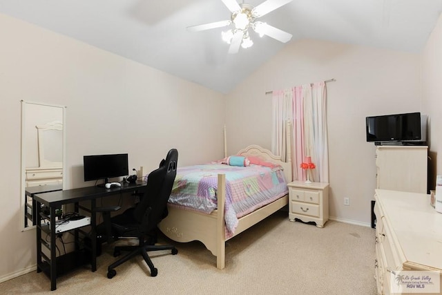 bedroom featuring light carpet, baseboards, a ceiling fan, and vaulted ceiling