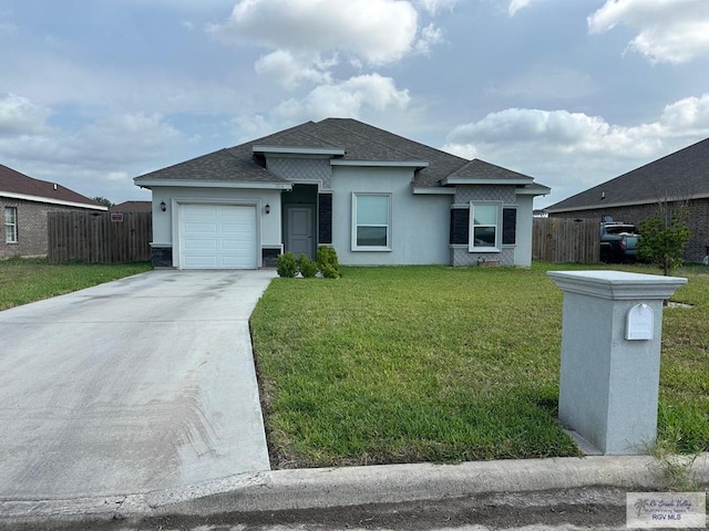 view of front of home with concrete driveway, fence, roof with shingles, and stucco siding