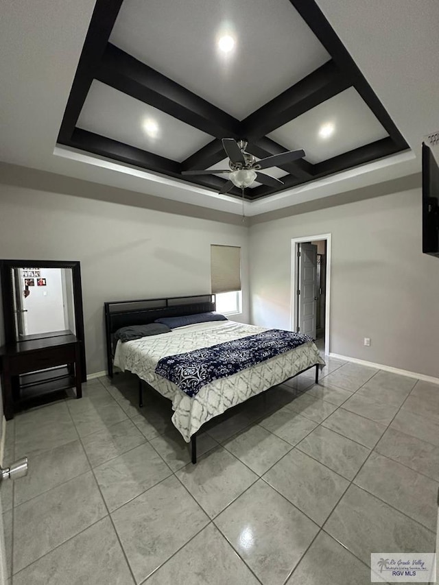 bedroom featuring ceiling fan, beam ceiling, baseboards, coffered ceiling, and light tile patterned flooring