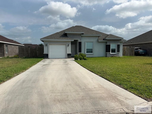 single story home with concrete driveway, a garage, fence, and stucco siding