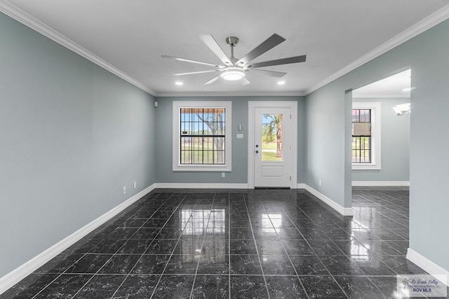 27859 Mile 3, La Feria, TX 78559 - entryway featuring baseboards, ceiling fan, crown molding, granite tiled floors, and a chandelier