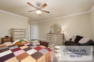 bedroom featuring crown molding and ceiling fan