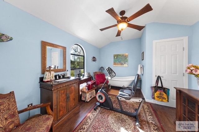 bedroom with ceiling fan, sink, dark hardwood / wood-style floors, and lofted ceiling