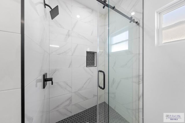 bathroom featuring a shower with door