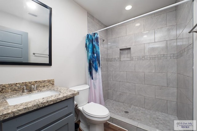 bathroom featuring a shower with curtain, vanity, and toilet