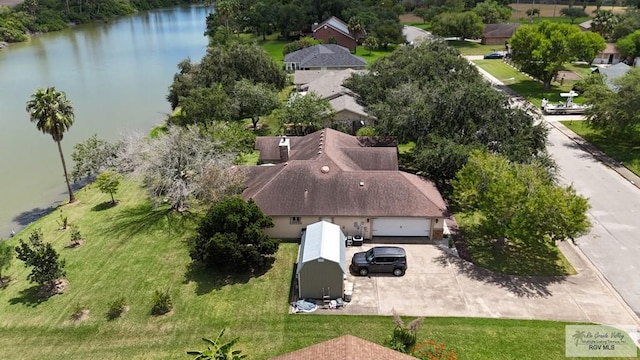 aerial view featuring a water view