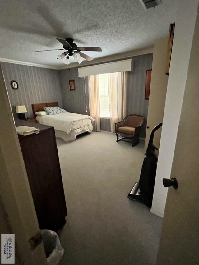 35 Alvarado Ave, Rancho Viejo, TX 78575 - bedroom with wallpapered walls, carpet flooring, a textured ceiling, and ceiling fan