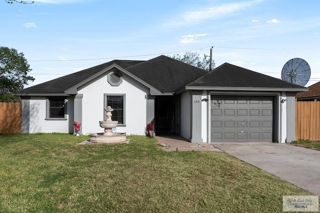 single story home with stucco siding, concrete driveway, fence, a garage, and a front lawn